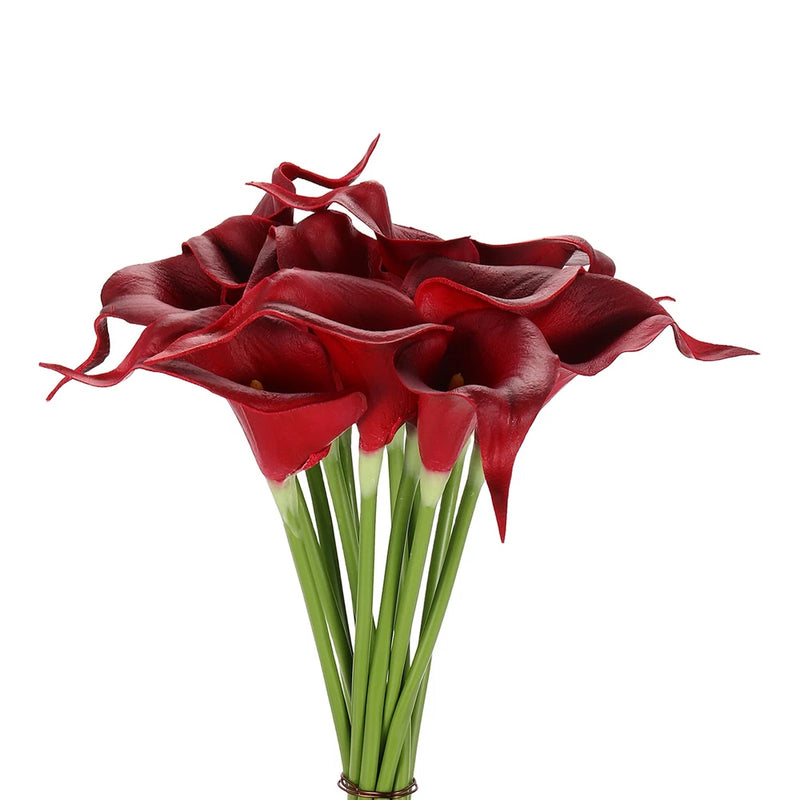 Artificial burgundy calla lily fake flowers with green stems, 13-inch size
