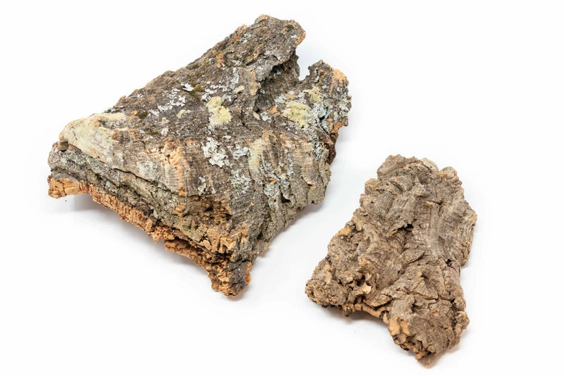 Rustic cork bark slabs for display, rugged natural texture, two pieces