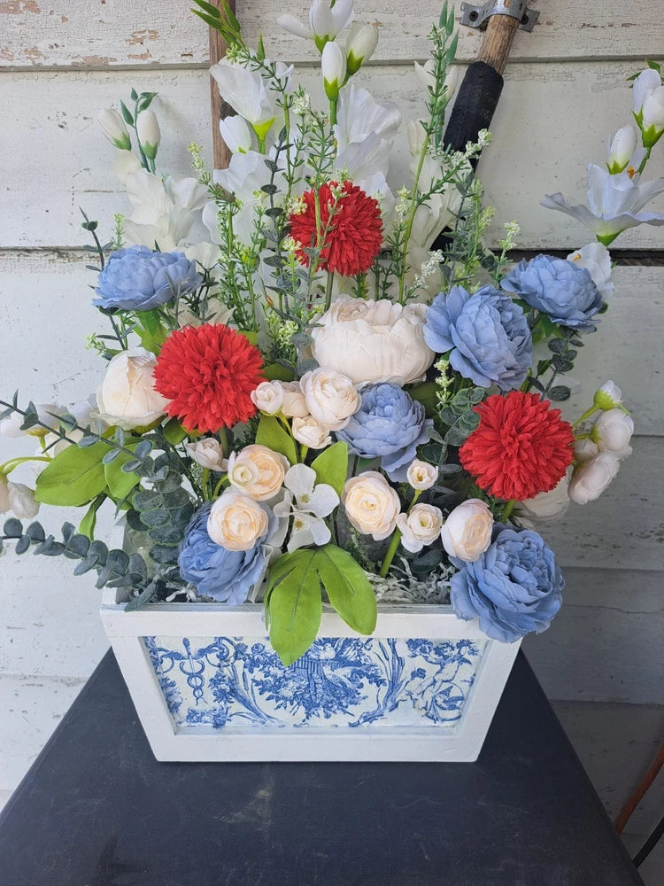 Floral Centerpiece Peonies, Pom Pom's  Wooden Container With Blue Toille Inset Ranunculus