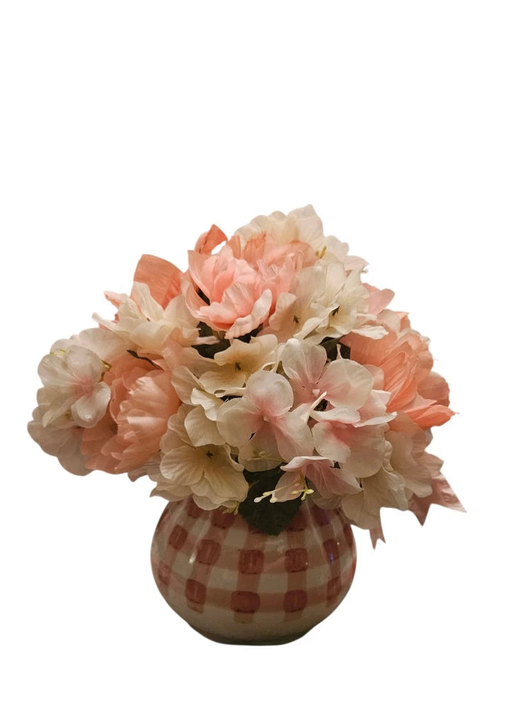 Shabby Cottage Pink Check Pitcher with Floral Arrangement Ranunculus