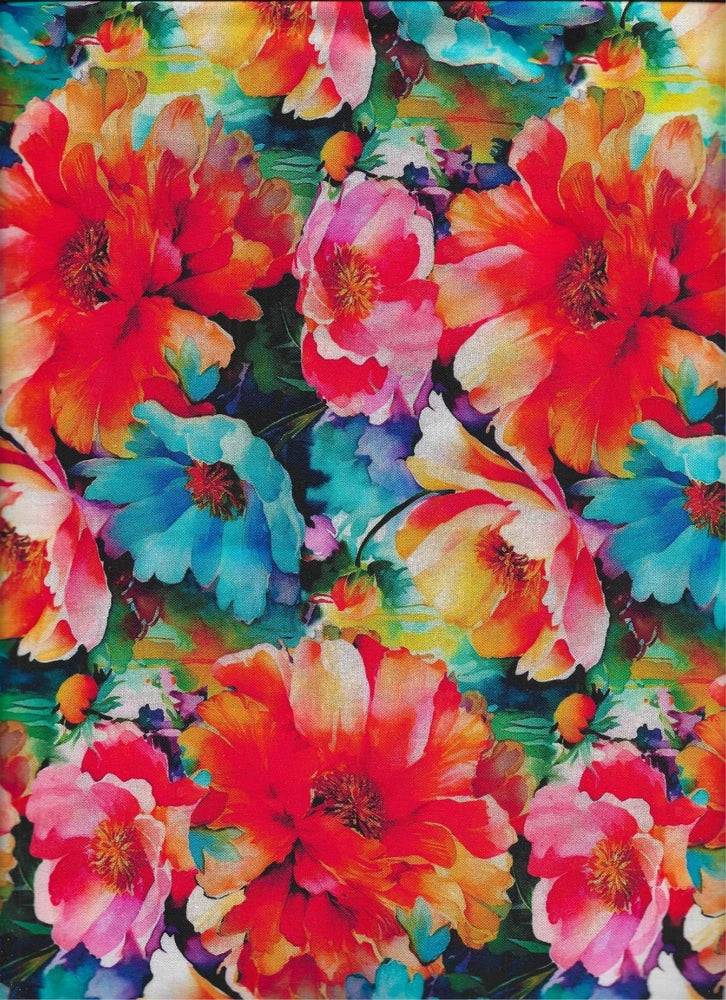Cotton floral fabric with large peony flowers in red, pink, orange, teal