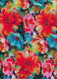 Cotton floral fabric with large peony flowers in red, pink, orange, teal