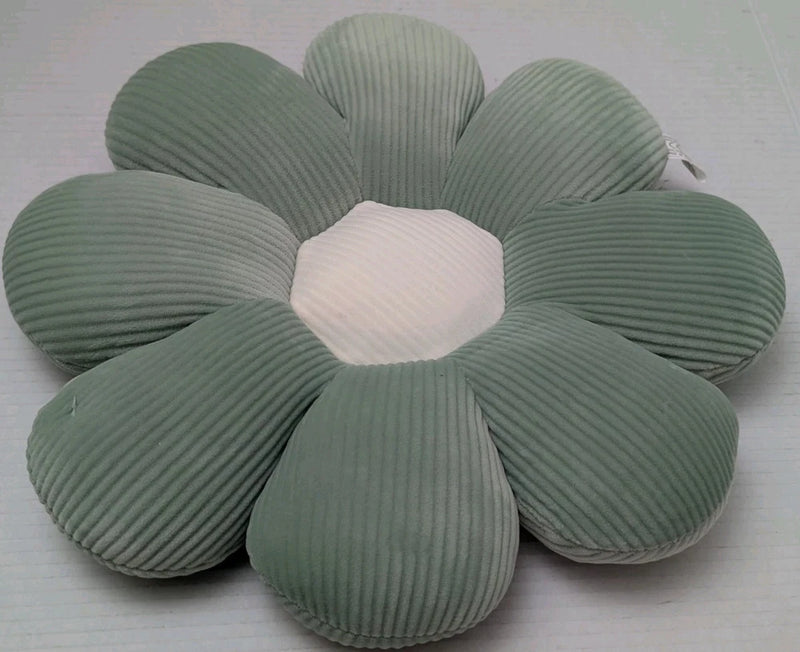 Plush flower cushion pillow with ribbed green petals and a white center