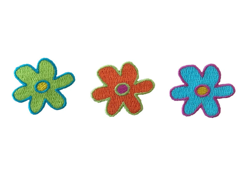 Set of three iron-on flower patches, neon blue, green, and orange stitched petals