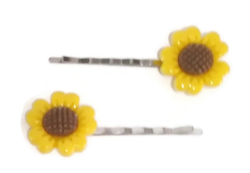 Set of 2 handmade sunflower bobby pins with yellow petals and brown centers