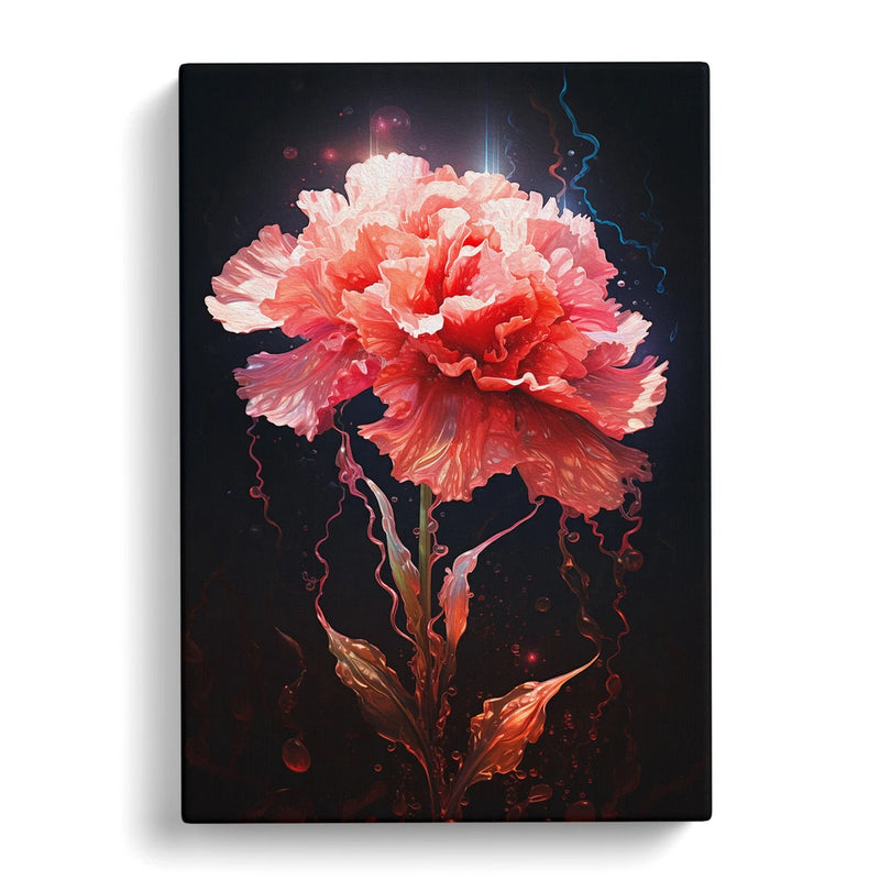 Framed canvas wall art with pink carnation flower on dark abstract background