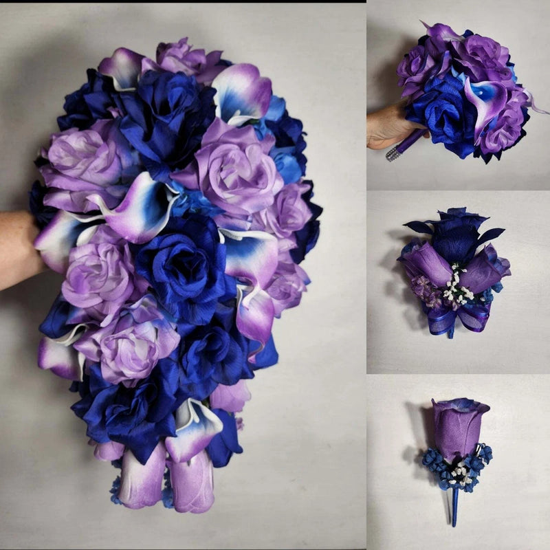 Light Purple Royal Blue Rose Calla Lily Bridal Wedding Bouquet Accessories Bouquet