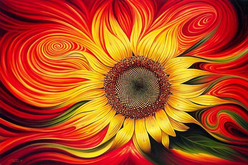 Vibrant sunflower metal wall art print with red, yellow, and swirling petal details