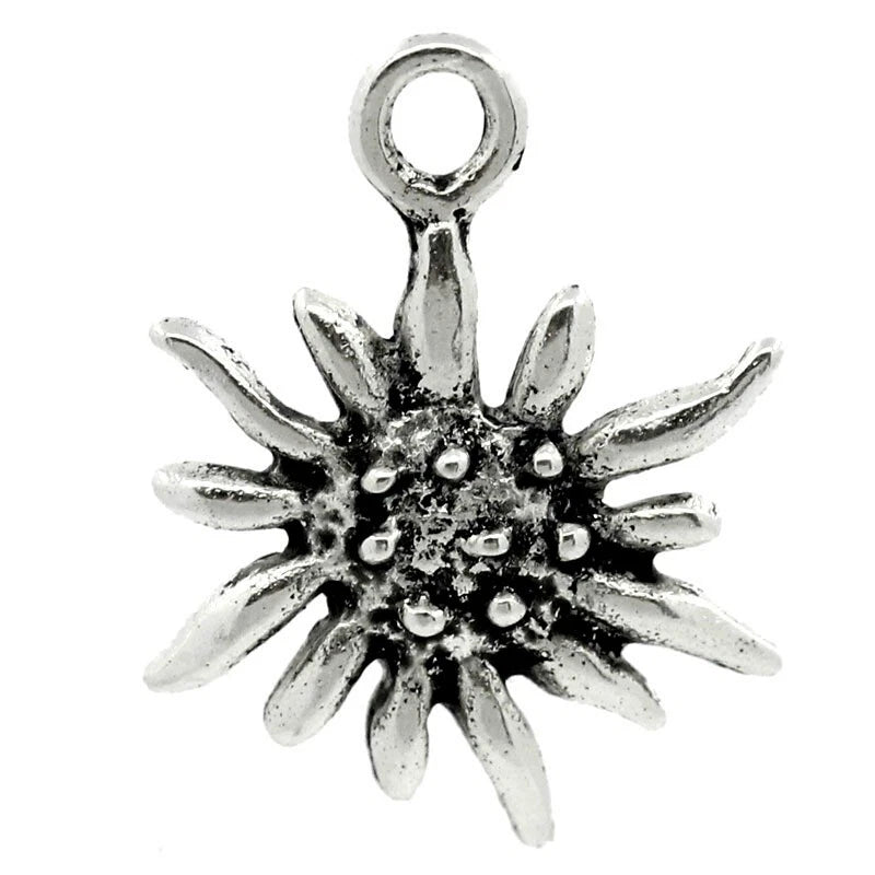 Antique silver sunflower flower charm with ring top and detailed petals