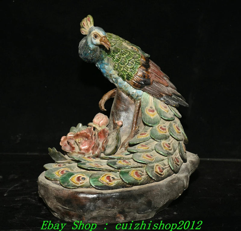 Multicolored porcelain peacock bird statue with peony accents and pedestal base