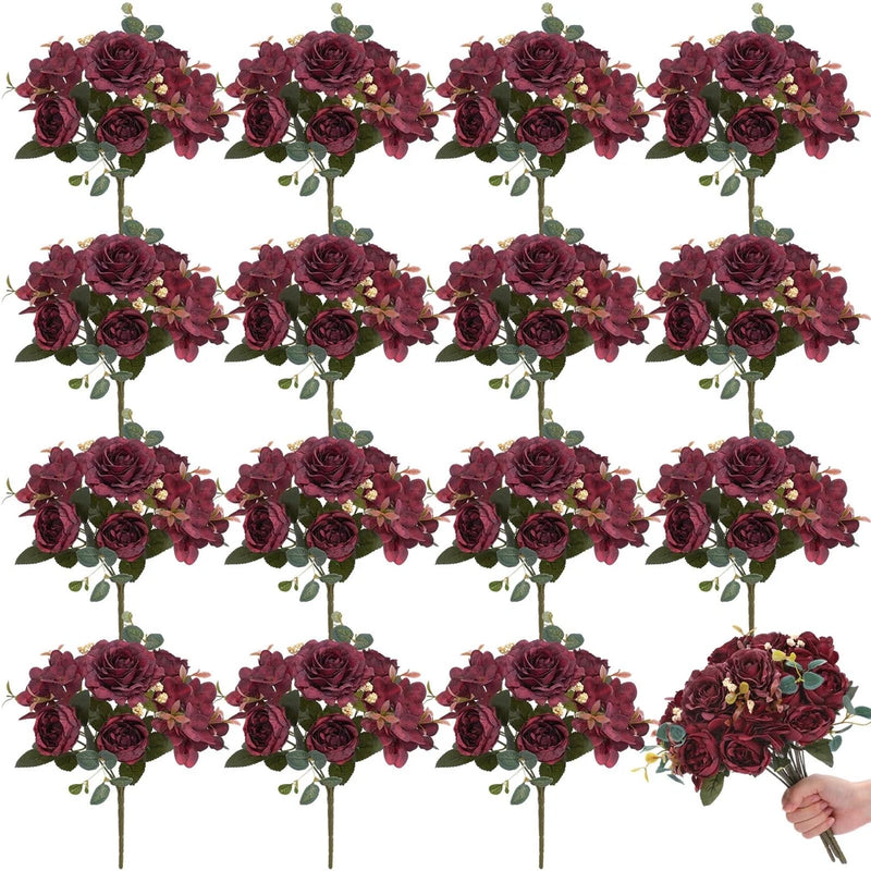 16-pack artificial burgundy peony faux flower bouquets with green leaves and stems