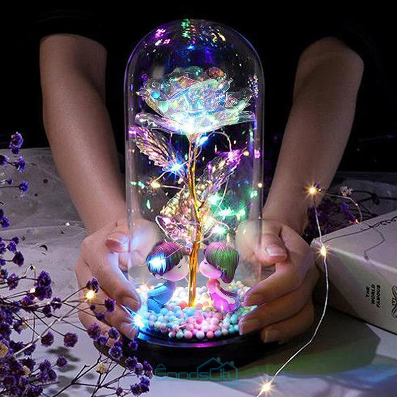 LED rose in glass dome gift with glowing petals and light strands