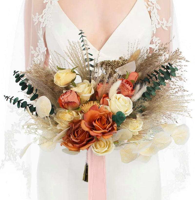 Burnt Orange Pampas Bridal Bouquet - 15.7" Boho Wedding Flowers Pampas Grass