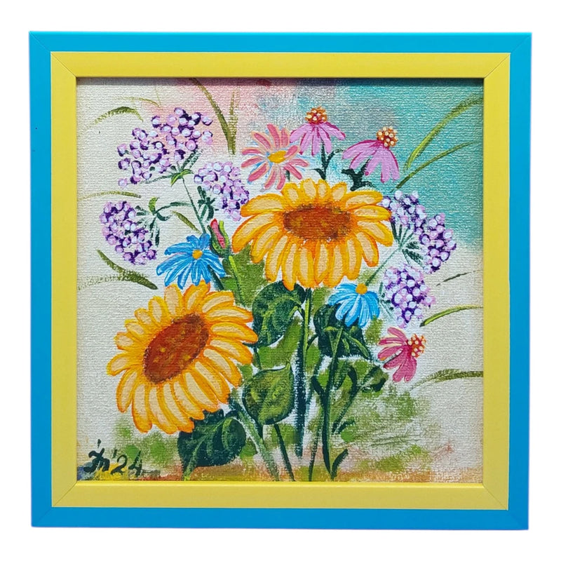 Wildflowers Original Painting Echinacea Sunflowers Bouquet Handmade Wall Art Sunflower