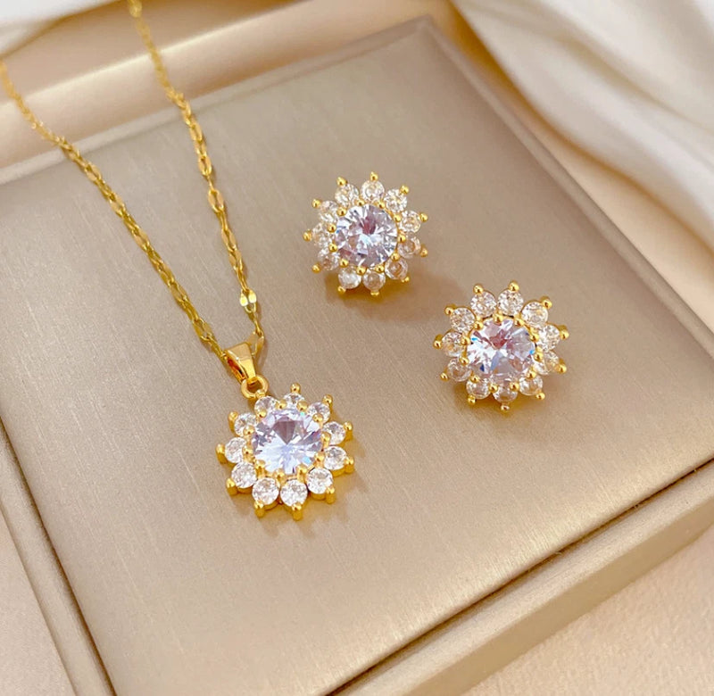 Women 14K Gold Sun Flower CZ Pendant Chain Necklace Stud Earrings Jewelry Set AG Sunflower