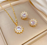 Women 14K Gold Sun Flower CZ Pendant Chain Necklace Stud Earrings Jewelry Set AG Sunflower