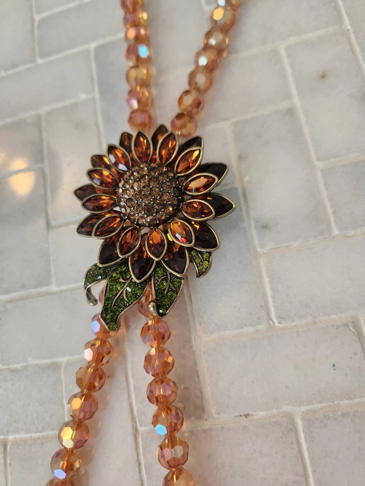 Heidi Daus Sunflower Lariat Style Necklace With Tassels SIGNED Sunflower