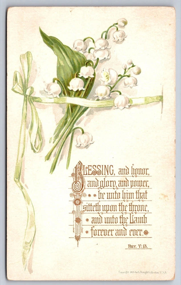 Antique greeting postcard featuring lily of the valley flowers and decorative poem text