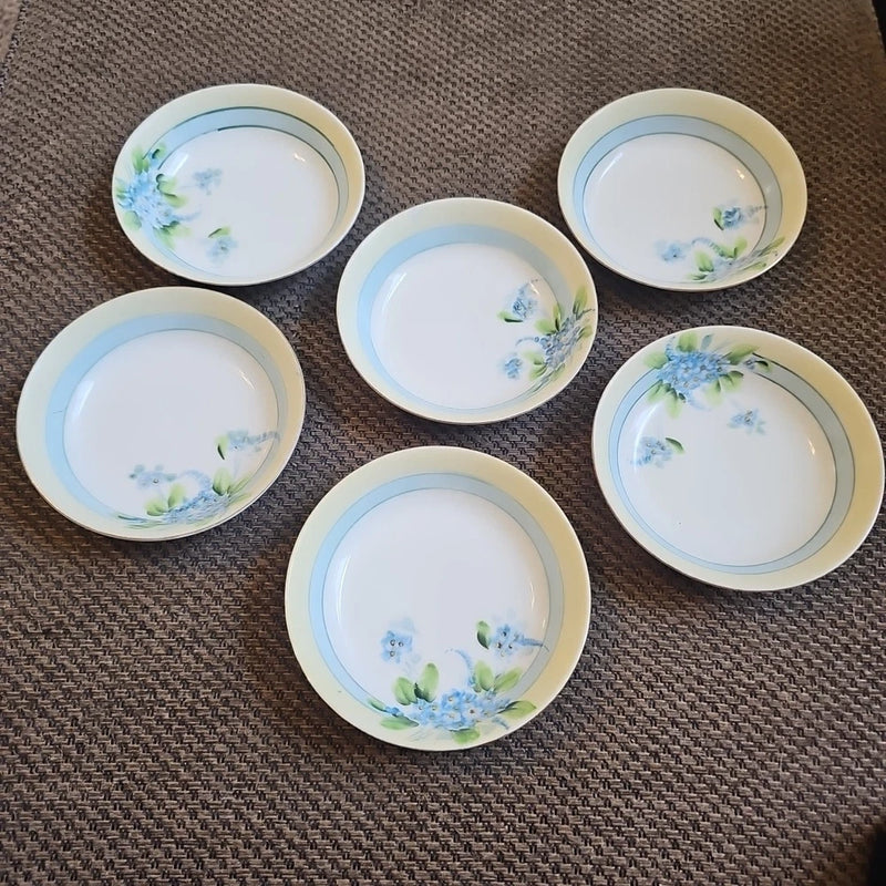 6 Antique Nippon Blue Hydrangea 5 1/4 " berry bowls Gold Trim Hand Painted Hydrangea