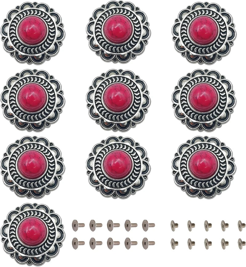 10 Pcs Red Turquoise Conchos, Sunflower Decorative Buckles, Metal Conchos Screw Sunflower