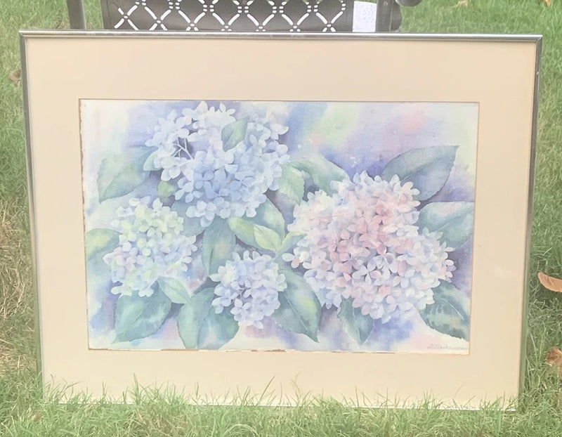 VTG Stella Woodman Pink&Blue Hydrangeas Watercolor Signed 22.25ÓT 28.25ÓW Framed Hydrangea