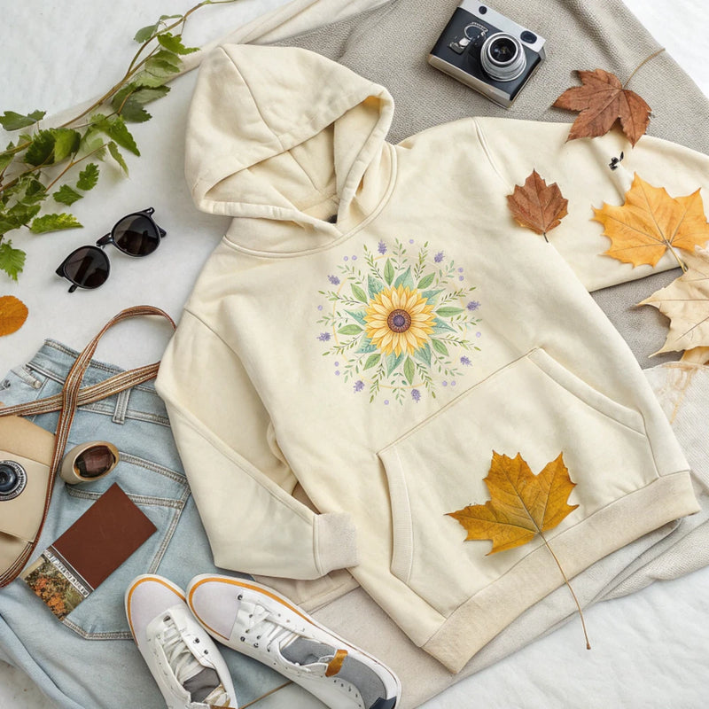 Cream sunflower mandala hoodie with hood, drawstrings, and leaf floral front print