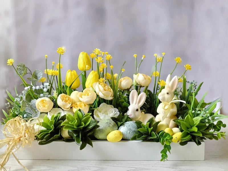 Yellow Green Easter centerpiece, Easter arrangement, Easter table decoration Ranunculus