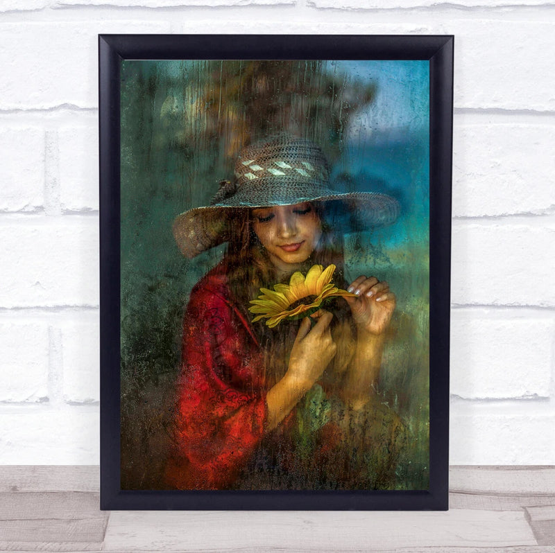 Fortunes Texture Sunflower Flower Hat Summer Closed Eyes Woman Wall Art Print Sunflower