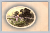 Postcard Lady Picking Purple Flowers Country Pond Lily Pads Iris vintage art Lily