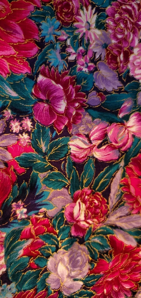 Floral Cotton Fabric Remnant Metallic Gold Accents 35x27 Pink Purple Teal Flower Flowering Plants