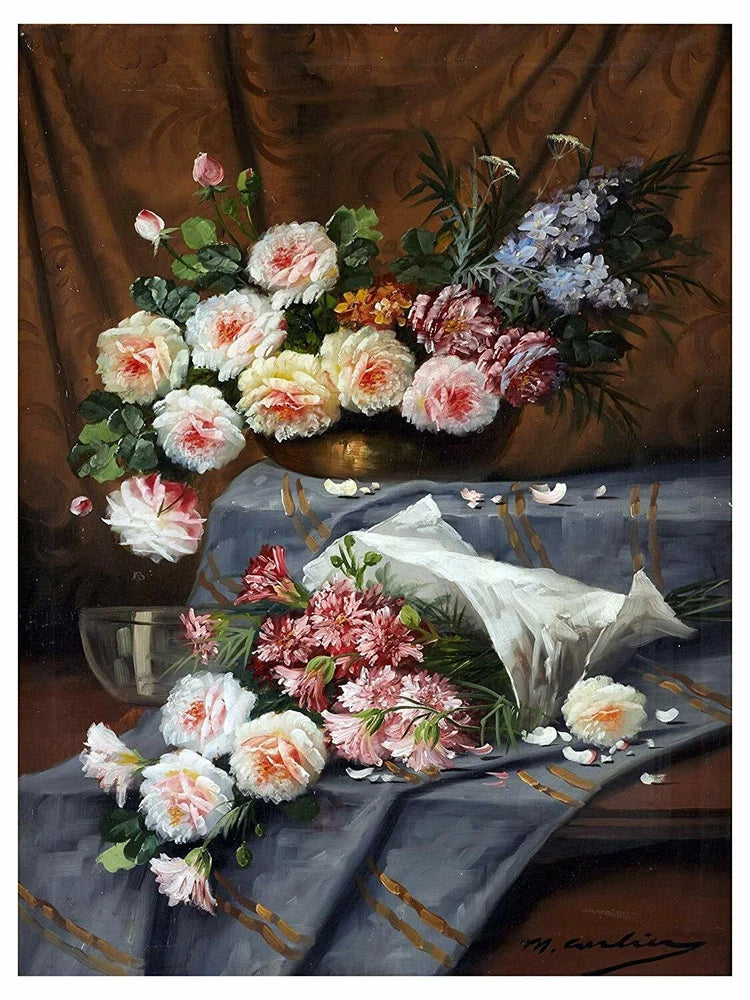 Floral tile mural backsplash with white and pink carnations and greenery on dark table