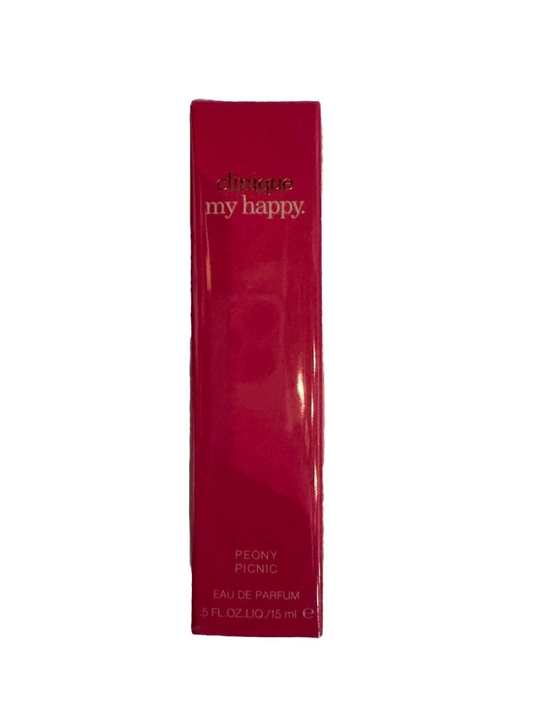 Clinique My Happy Peony Picnic eau de parfum spray box, red with gold lettering