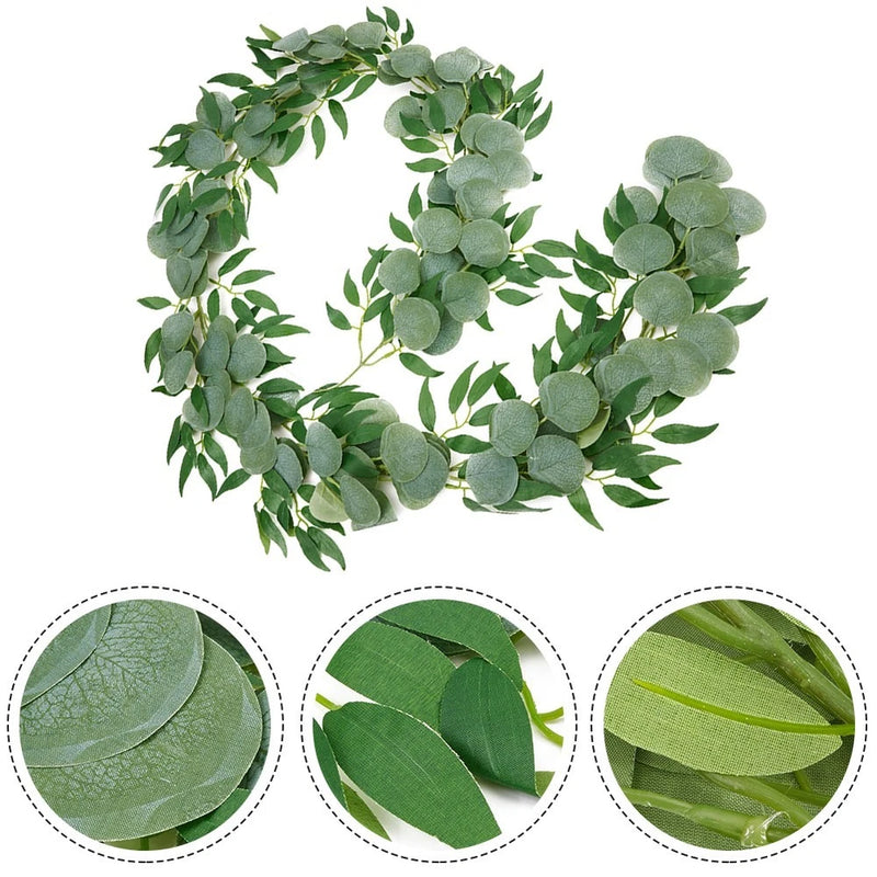 Artificial eucalyptus garland with green faux leaves on a round vine wreath