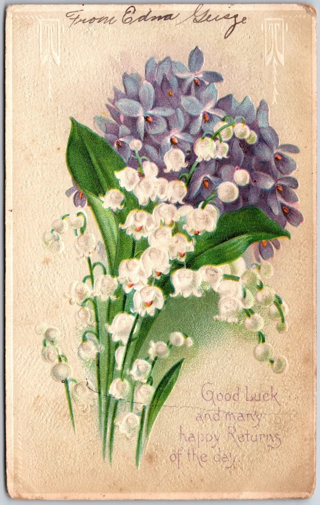 Good Luck & Many Happy Returns, 1911 Lilacs Lily Of The Valley Bouquet, Postcard Lily