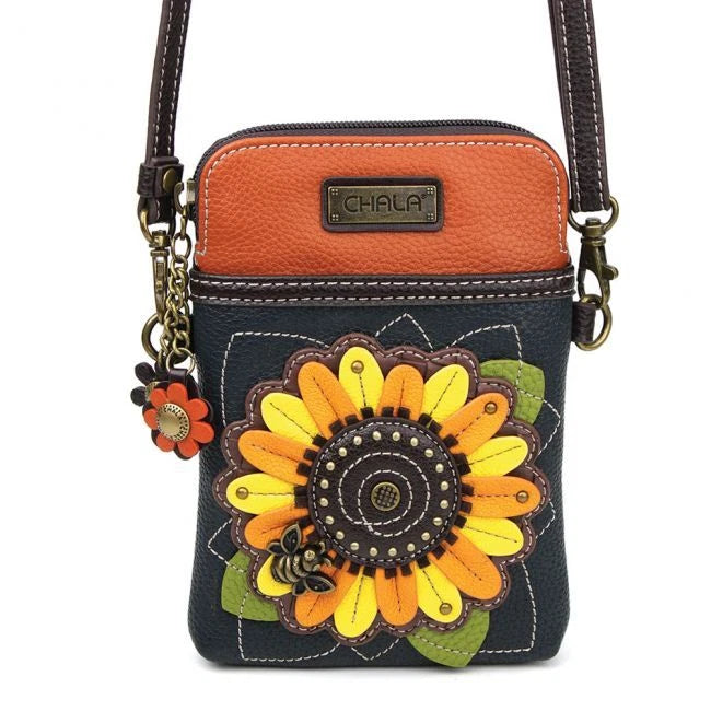 Chala cell phone crossbody bag with sunflower patch, dark blue and orange front pouch