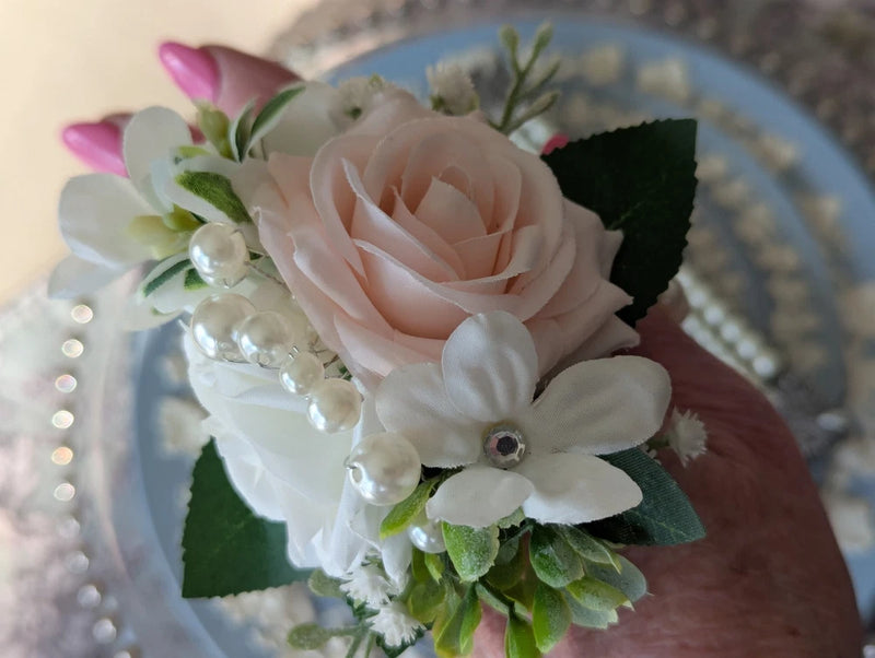 Wrist Corsage Blush And White Roses, Pearls On Pearl Wristlet, Real Touch Roses Bouquet