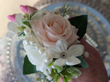 Wrist Corsage Blush And White Roses, Pearls On Pearl Wristlet, Real Touch Roses Bouquet
