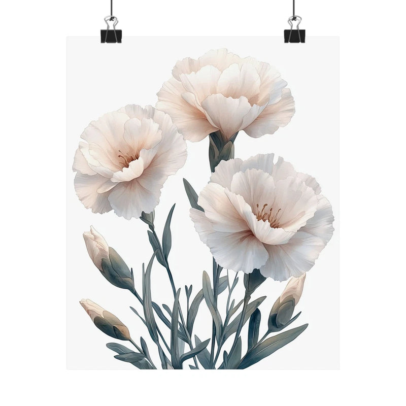 Floral wall art poster with pale white carnation blooms and green leaves