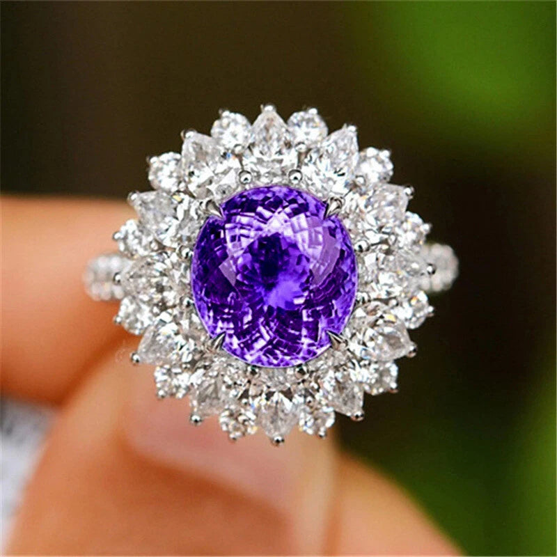 Women Wedding Jewelry Sunflower Purple Amethyst Gems Silver Adjustable Rings New Sunflower
