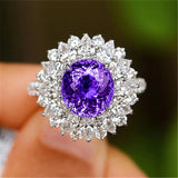 Women Wedding Jewelry Sunflower Purple Amethyst Gems Silver Adjustable Rings New Sunflower