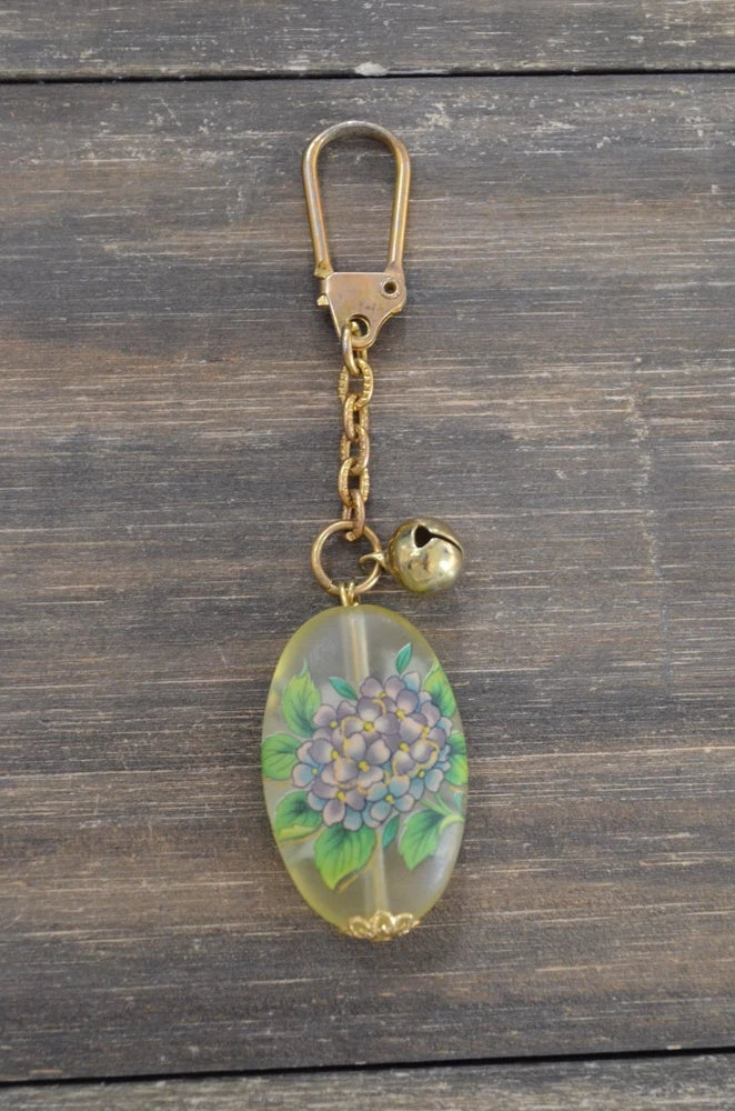Blue Purple Hydrangea Bag Tag Charm Opaque Key Chain Botany Plant Gold Tone Hydrangea