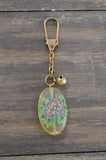 Blue Purple Hydrangea Bag Tag Charm Opaque Key Chain Botany Plant Gold Tone Hydrangea