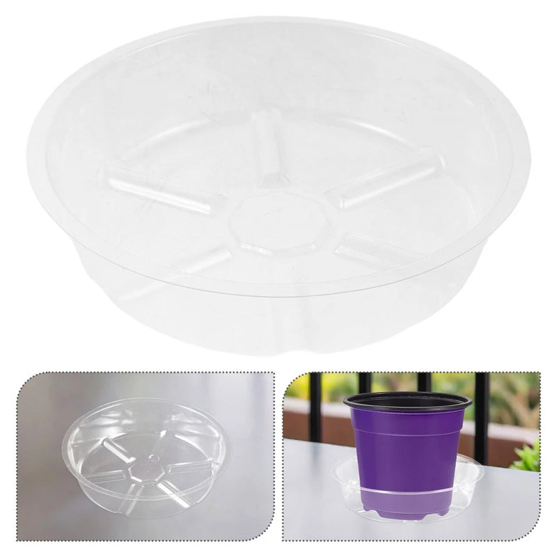 Round white plastic plant saucer tray with molded drainage ridges