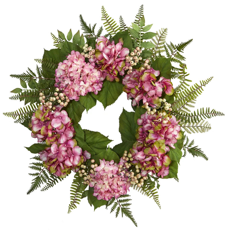 24" Hydrangea Berry Wreath Nearly Natural Charming Pink Blossoms Lush Greens Hydrangea