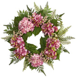 24" Hydrangea Berry Wreath Nearly Natural Charming Pink Blossoms Lush Greens Hydrangea