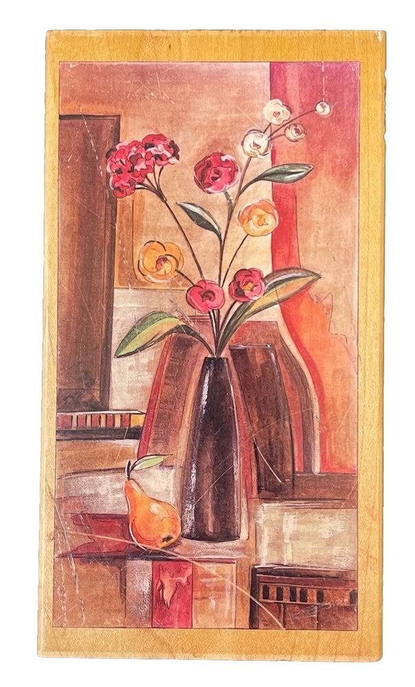 Pear and Ranunculus Flowers Vase Fruit Artistic Still Life Wood Rubber Stamp Ranunculus