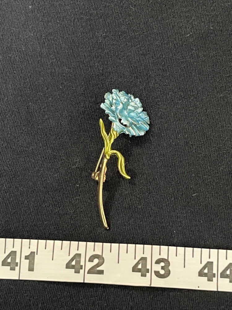 Blue enamel carnation pin with gold-tone stem and leaves