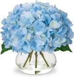 Hydrangea Artificial Flowers with Vase Blue Silk Fake Flowers Arrangements in Gl Hydrangea