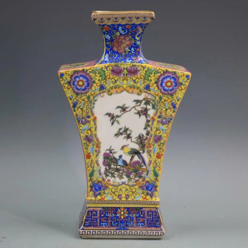 Colorful Chinese porcelain vase with blue trim and bird floral panels, four-sided