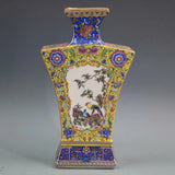 Colorful Chinese porcelain vase with blue trim and bird floral panels, four-sided